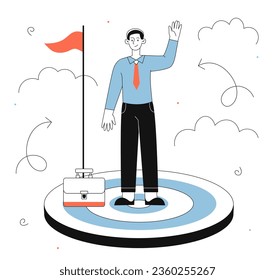 Man focusing at business line. Motivation and leadership. Hard working entrepreneur and businessman. Successful young guy reach goal. Planning and future vision. Linear flat vector illustration