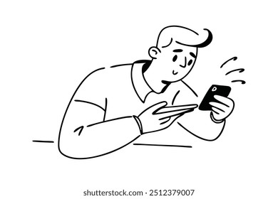Hombre que se centra en la ilustración negra plana del arte de la línea del doodle de la pantalla móvil.