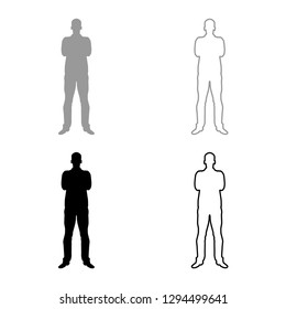 Man with folded arms Confidence concept business man icon set grey black color vector illustration outline flat style simple image