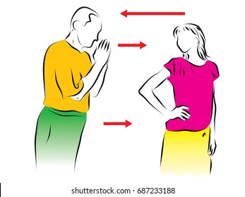 the man folded his hands up  and leaned over to the woman. the woman ignored the gesture. hand side. pencil handmade drawing