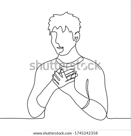 The man folded his palms on his chest (solar plexus). One continuous line drawing of a man experiences tenderness, heart attack, admiration, heart pain.