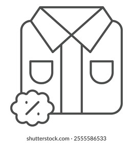Man folded shirt thin line icon, shopping clothes concept. Vector graphics. Discount sticker with shirt sign on white background, outline style icon for mobile or web design