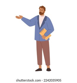 Man with folder in hand pointing or presenting. Male introducing product, welcome gesture. Cartoon guy shows or announce something, promotion and advertisement concept