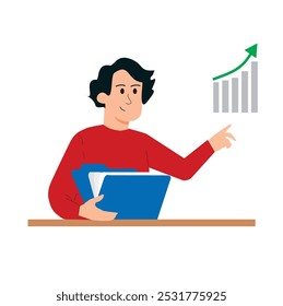 Man with a folder with paper sheets pointing a bar chart on a desk on a white background