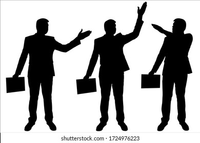 Man with a folder is showing with his hand in different directions. Businessman stands still and holds a folder in his hands. Young guy in a business suit. Three black silhouettes isolated on a white.