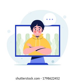 Man folding arms on computer video call. Flat vector illustration
