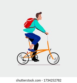 Man with a folding bike. Vector illustration featuring young man rides on fashionable folding bike