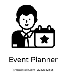 Man with folding calendar is denoting a concept of event planner solid icon 