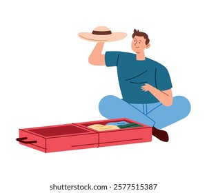 A man folding clothes on the floor next to a suitcase in cartoon style