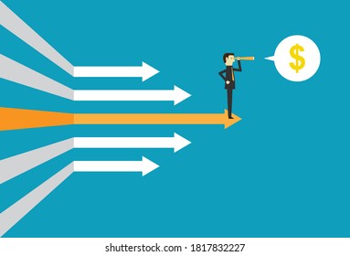 Man following Arrows directed towards a goal, Vector illustration in flat style