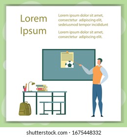 Man Following His Vocation and Working with Kids. Young School Teacher Standing with Pointer by Chalkboard, Covering Curricular Material. Flat Vector Banner with Copy Space for Your Text.