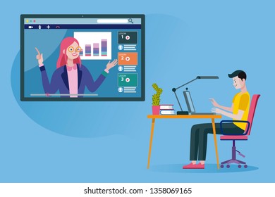 Man following an online education and e-learning course through his laptop computer with a online professional teacher. Flat design illustration.