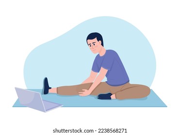 Man following online workout 2D vector isolated illustration. Stretching exercise. Home training flat elements on cartoon background. Colorful editable scene for mobile, website, presentation