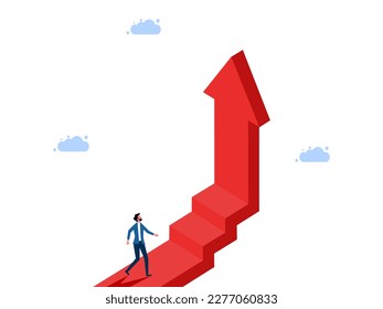 man follows a growth ladder arrow. Career progression and growth stages
