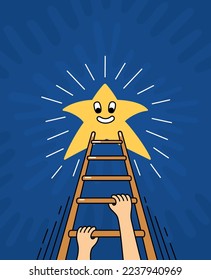 Man follows his dream. Stairway to the star. Groovy style cartoon illustrations. Positive motivational poster. Vector postcard