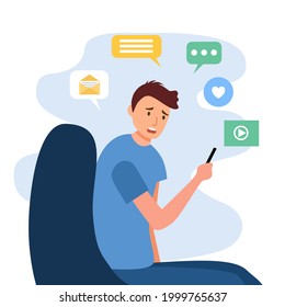 Man with FOMO fear of missing out syndrome concept vector illustration on white background.