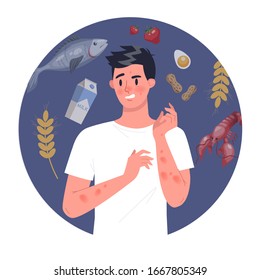 Man with food allergy. Red and itchy skin. Allergic reaction to diffrent type of food. Hypersensitivity to to products like fish, milk and eggs. Isolated vector illustration in cartoon style