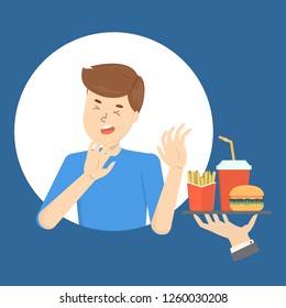 Man with food aversion or eating disorder. Guy refuse fast food. Symptom of disease. Unhealthy eating. Isolated flat vector illustration