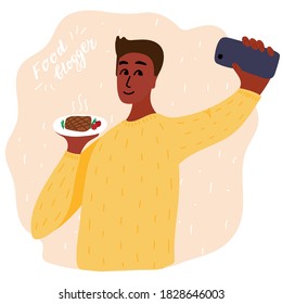 man food blogger making photo selfie with steak with cherry tomatoes and rosemary for blog. Cute boy with smartphone camera. Social media Vector cartoon illustration