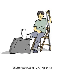 man with a foot splint sitting on chiar holding a crutch illustration vector isolated on white background