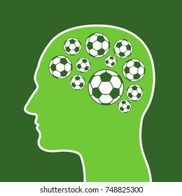 Man with football ball instead of brain - Football and soccer fan - person is obsessed fanatic into sport game, match and support of team. Simple silhouette of head