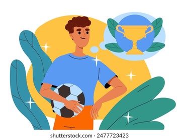 Hombre con pelota de fútbol. Chico joven de pie con equipo deportivo y sueños de copa. Ganador de fútbol en competición. Estilo de vida activo y deportes. Ilustración vectorial plana de dibujos animados