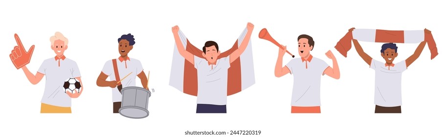 Man football fans cartoon characters set with different attributes to support favorite soccer team