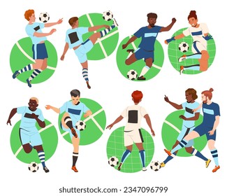 Man Football Player Kicking Ball Scoring Goal Vector Set