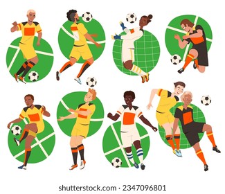 Man Football Player Kicking Ball Scoring Goal Vector Set