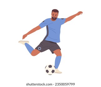 Man football player kicking ball in run motion trying to score goal isolated on white background