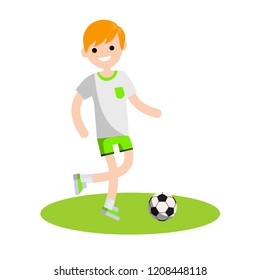 Man football player on the field. The guy in professional green sportswear. Boy playing ball on the grass. An active lifestyle. Cartoon flat illustration
