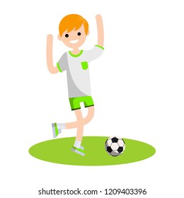 Man football player on the field. The guy in professional green sportswear. Boy playing ball on the grass. An active lifestyle. Cartoon flat illustration

