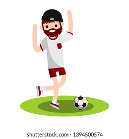 Man football player on the field. The guy in professional red sportswear. Boy playing ball on the grass. An active lifestyle. Cartoon flat illustration