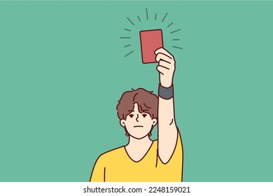 Man football referee raises hand with red card suspends player from match. Guy in yellow jersey oversees observance of rules of game removes footballer in field after violation. Flat vector design