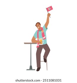 Man football team fan with flag and soccer scarf drinking beer at the table. Vector illustration of male watching sport championship, cheering for favorite team. Male drinking in pub