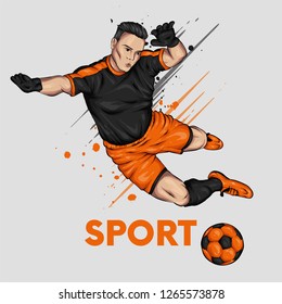 A man in football uniform and with a ball. Footballer. Sports and health. Vector illustration for postcard or poster, print for clothes.