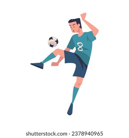 Man Footballer in Blue Uniform Playing Football Pass Ball Vector Illustration