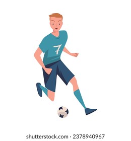 Man Footballer in Blue Uniform Playing Football Pass Ball Vector Illustration