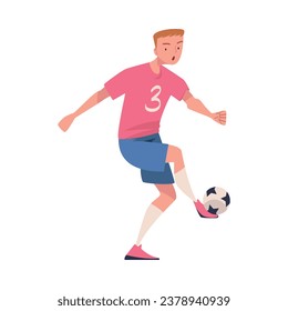 Man Footballer in Pink Jersey Playing Football Pass Ball Vector Illustration