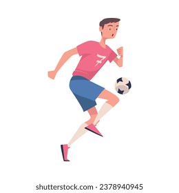 Man Footballer in Pink Jersey Playing Football Pass Ball Vector Illustration