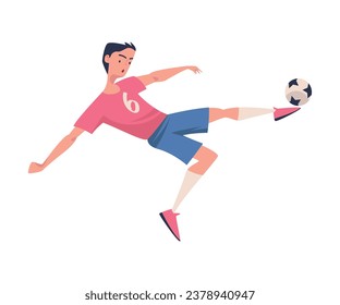 Man Footballer in Pink Jersey Playing Football Pass Ball Vector Illustration