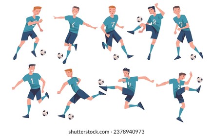 Man Footballer in Uniform Playing Football Pass Ball Vector Set