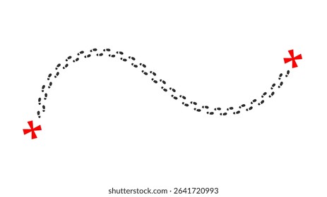 Man footprints and map pins isolated on white background.	
