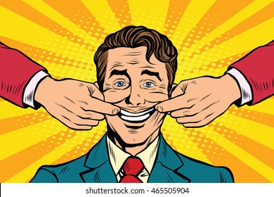 Man forced to smile, pop art retro vector illustration. False emotions