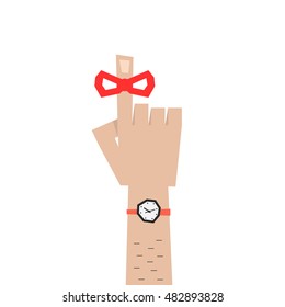 man forefinger icon like reminder. concept of memo, red tape on index finger, deadline, calendar, palm, exclamation. flat style trend graphic logo design vector illustration on white background