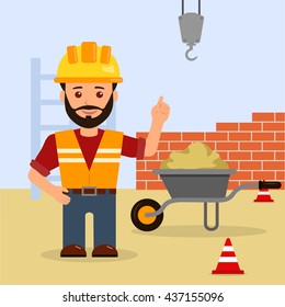 Hombre capataz en un lugar de construcción. Construcción del edificio. Dibujo vectorial de caricatura de un constructor masculino advierte del peligro en el sitio de construcción.
