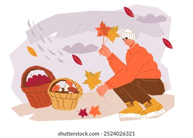 A man in the forest collects mushrooms and autumn leaves, flat vector illustration isolated on white. Autumn banner or poster backdrop.