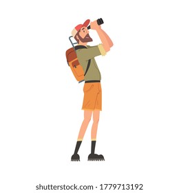 Man Forest Ranger with Backpack Looking Through Binoculars, National Park Service Employee Character in Uniform Cartoon Style Vector Illustration