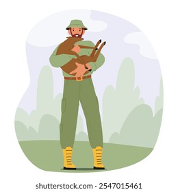 Man forest ranger character carrying young deer caring for little animal in national parkland vector illustration. Environment conservation and wildlife surveillance social issues and job occupation