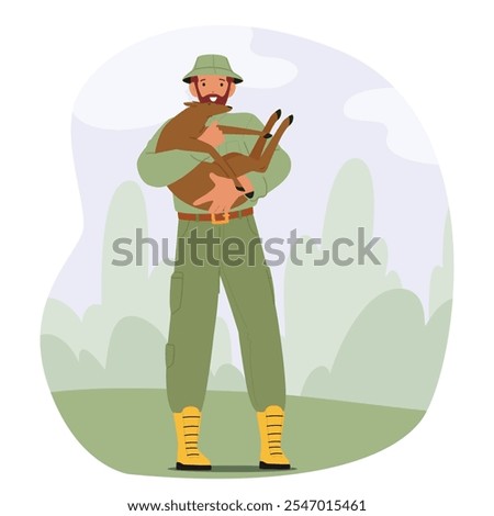 Man forest ranger character carrying young deer caring for little animal in national parkland vector illustration. Environment conservation and wildlife surveillance social issues and job occupation